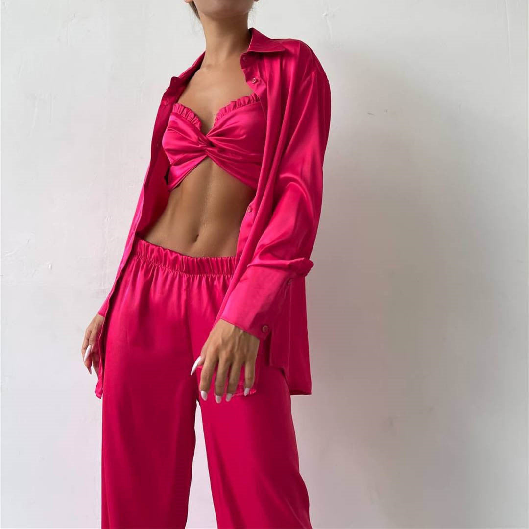 Spring Autumn Satin Three Piece Set Clothing Satin Wrapped Chest Vest Shirt Pants Set