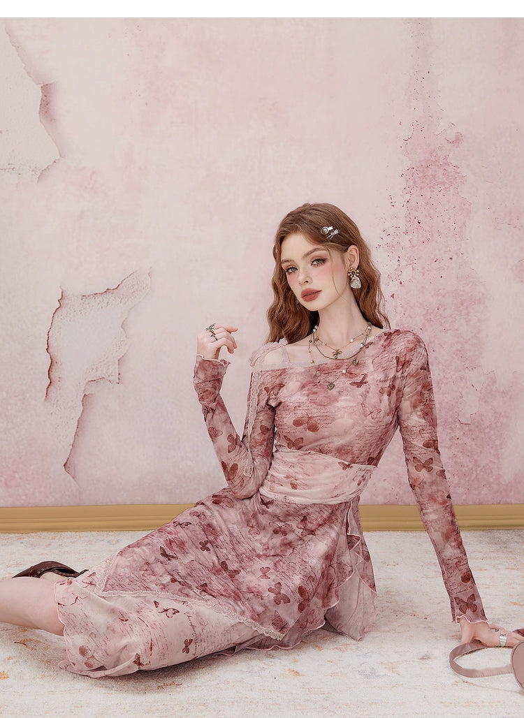Pink Long Sleeve Midi Dress