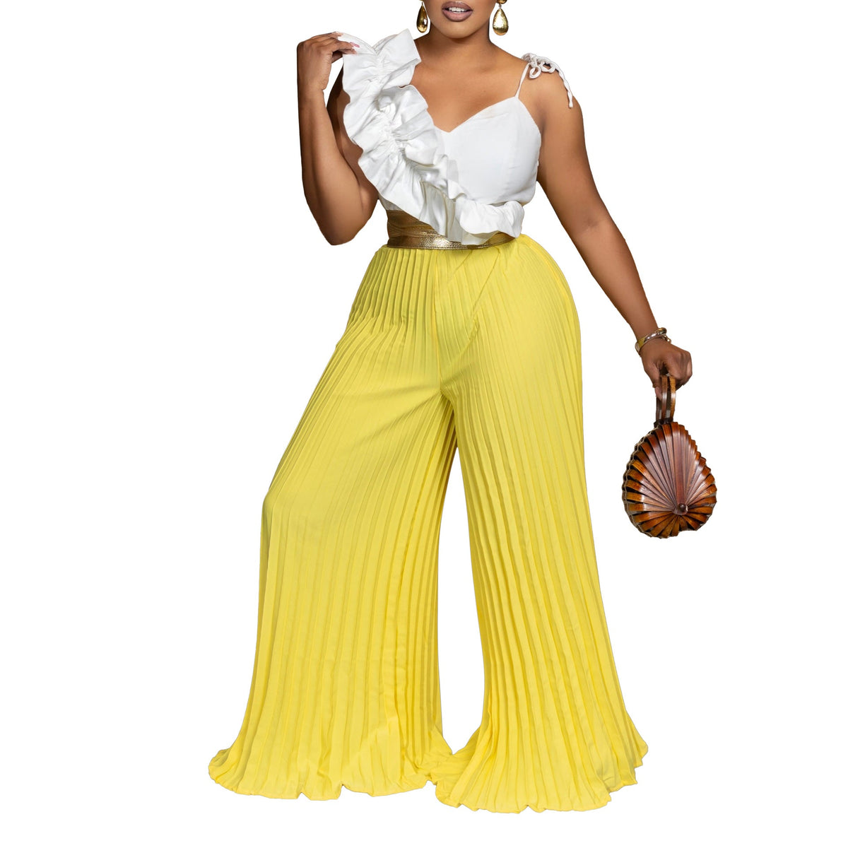 Clothing Ruffles Sleeveless Top Wide Leg Wide Leg Pants Set