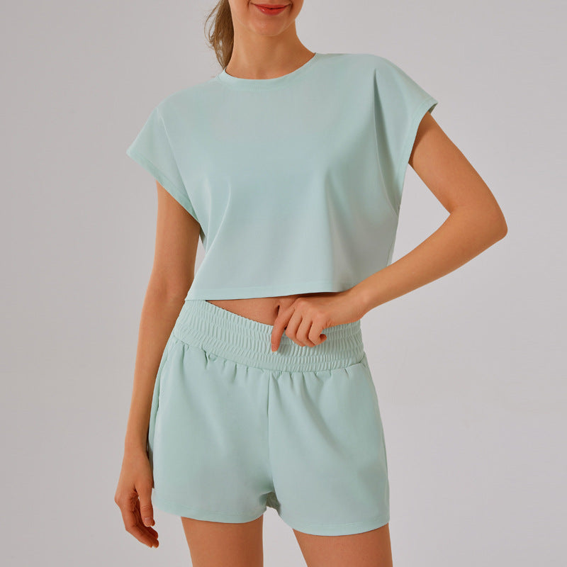 Color Round Neck Quick Dry Short Sleeved Top Faux Two Pieces Anti Exposure Shorts Loose Sports Yoga Fitness Set