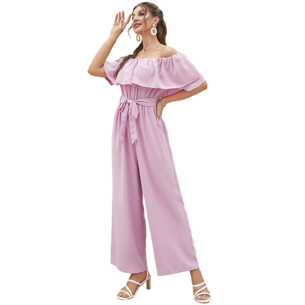 Clothing Summer Off Shoulder Ruffle Sleeve Lace Up Cropped Wide Leg Pants