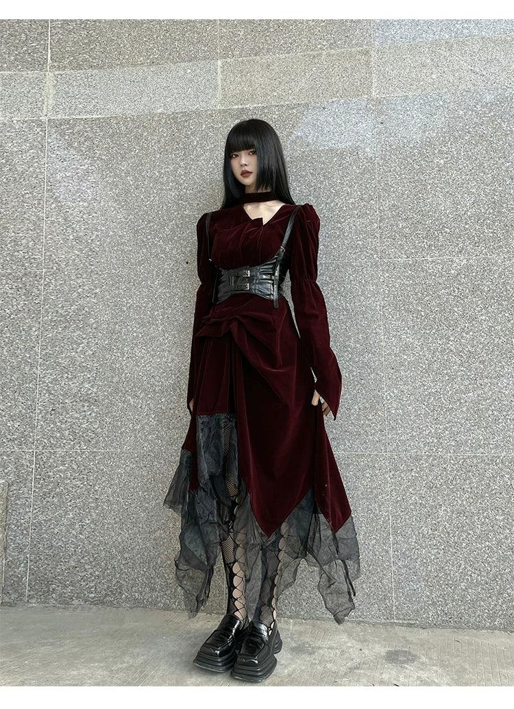 Ladyghost Gothic Victorian Maxi Dress - Burgundy Velvet and Black Mesh Layered Gown With Corset Belt