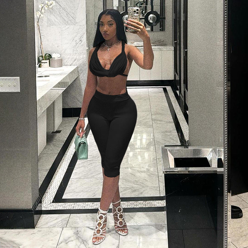 Fall Clothing Halter Bikini Backless Lace Up Cropped Pants Suit