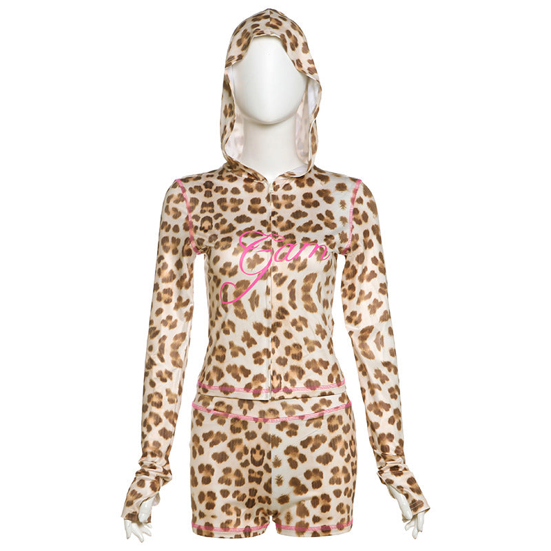 Spring Leopard Print Slim Fit Hood Zipper Top High Waist Shorts Set