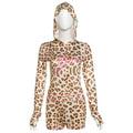Spring Leopard Print Slim Fit Hood Zipper Top High Waist Shorts Set