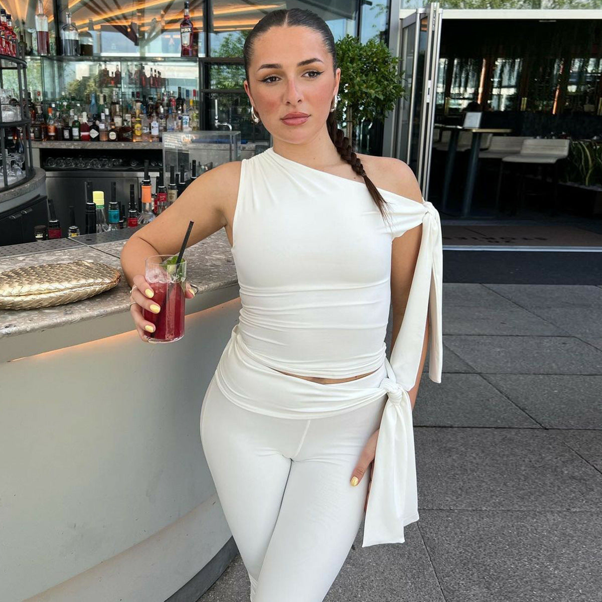 Clothing Summer Street Shooting Diagonal Collar Sleeveless Top Slim Fit Tied Shorts Suit