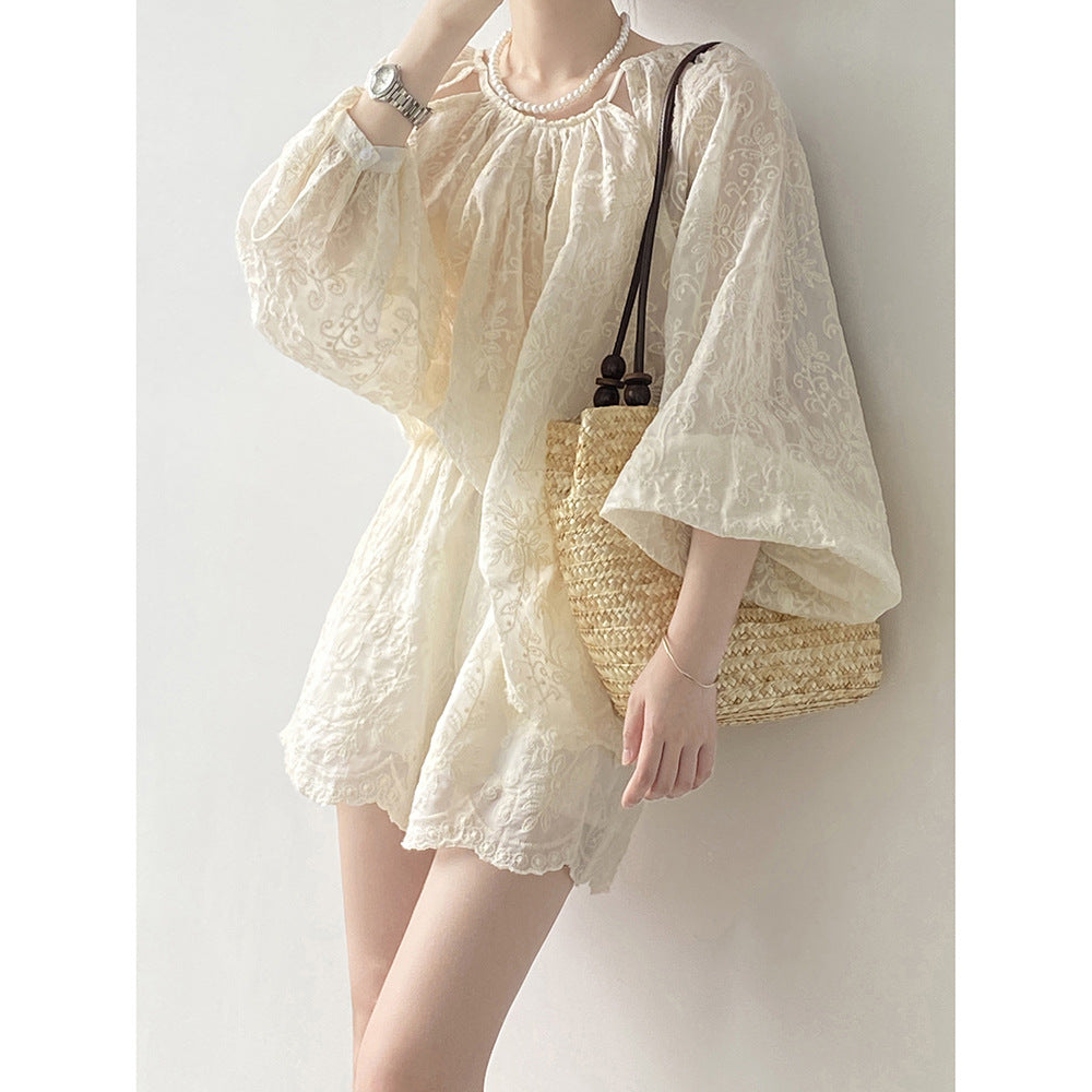 Tencel Embroidery Long Sleeve Set Summer Embroidery Top Shorts Two Piece Set