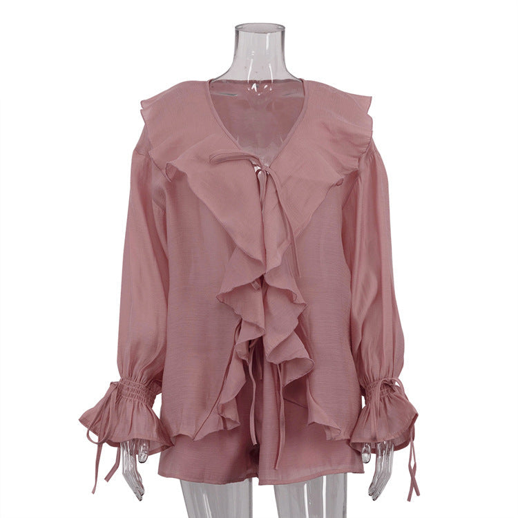 French Design Bell Sleeve Loose Top Shorts Two Piece Set