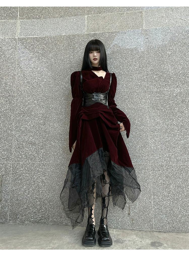 Ladyghost Gothic Victorian Maxi Dress - Burgundy Velvet and Black Mesh Layered Gown With Corset Belt