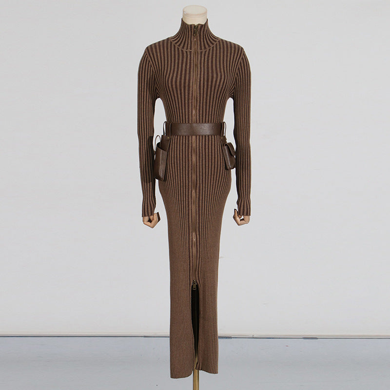 Long Dress Autumn Pocket Belt Design Waist Tight Slimming Knitted Dress
