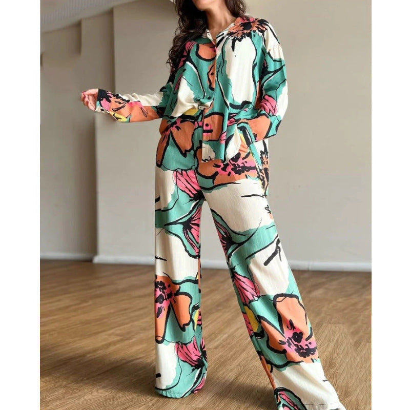 Clothing Printed Office Shirt High Waist Wide Leg Pants Set