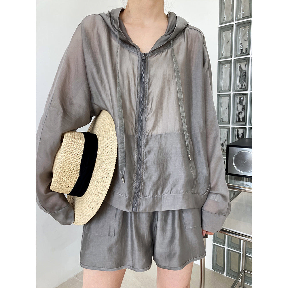 Hooded Tencel Sun Protection Clothing Shorts Two Piece Summer Thin Outdoor Sports Set