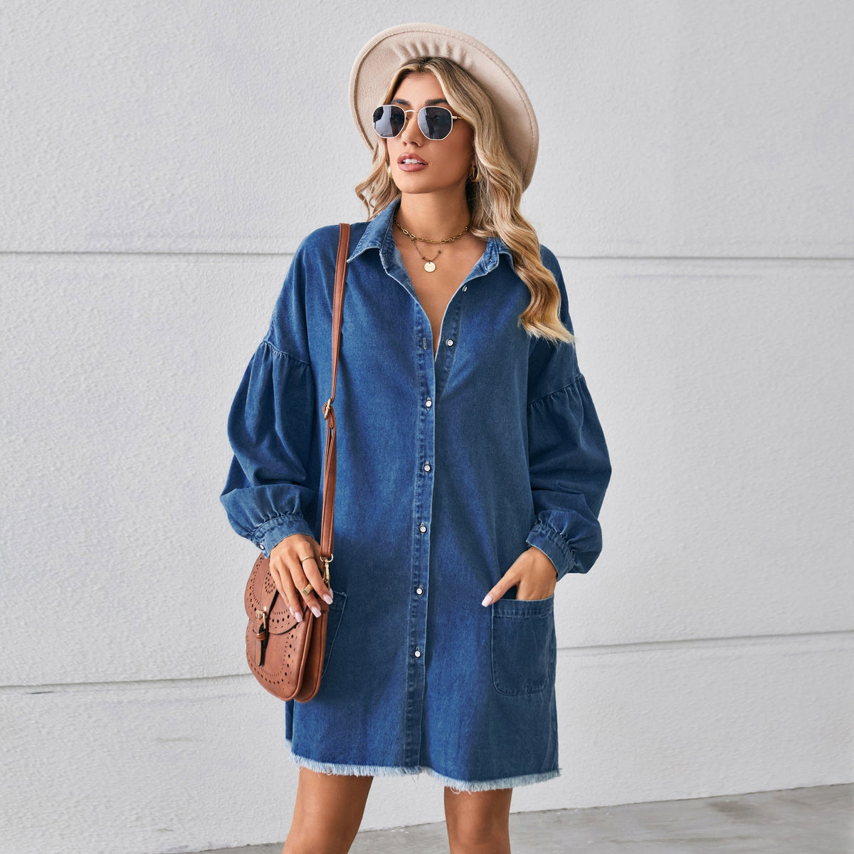 Loose Denim Long Sleeve Frayed Dress Midi Dress