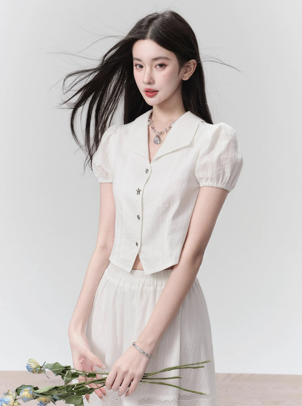 Ethereal Elegance Two-piece Set: Puff Sleeve Crop Blouse & Tiered Lace Midi Skirt - Pure White
