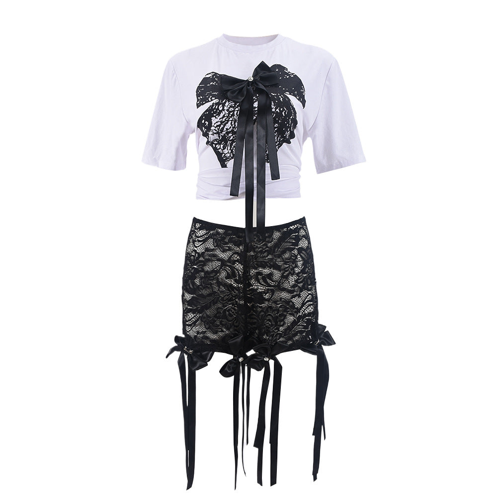 3d Butterfly Print Loose Lazy Top Lace Shorts Suit