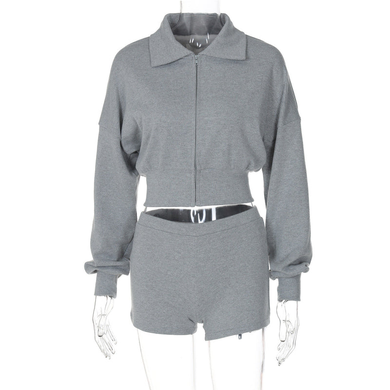 Autumn Polo Collar Long Sleeve Zipper Cardigan Sweater Ultra Short Tight Shorts Suit