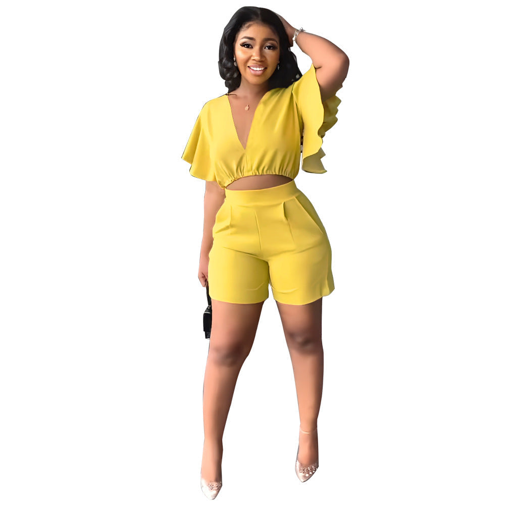 Ruffled Short V Neck Top Shorts Summer Two Piece Set