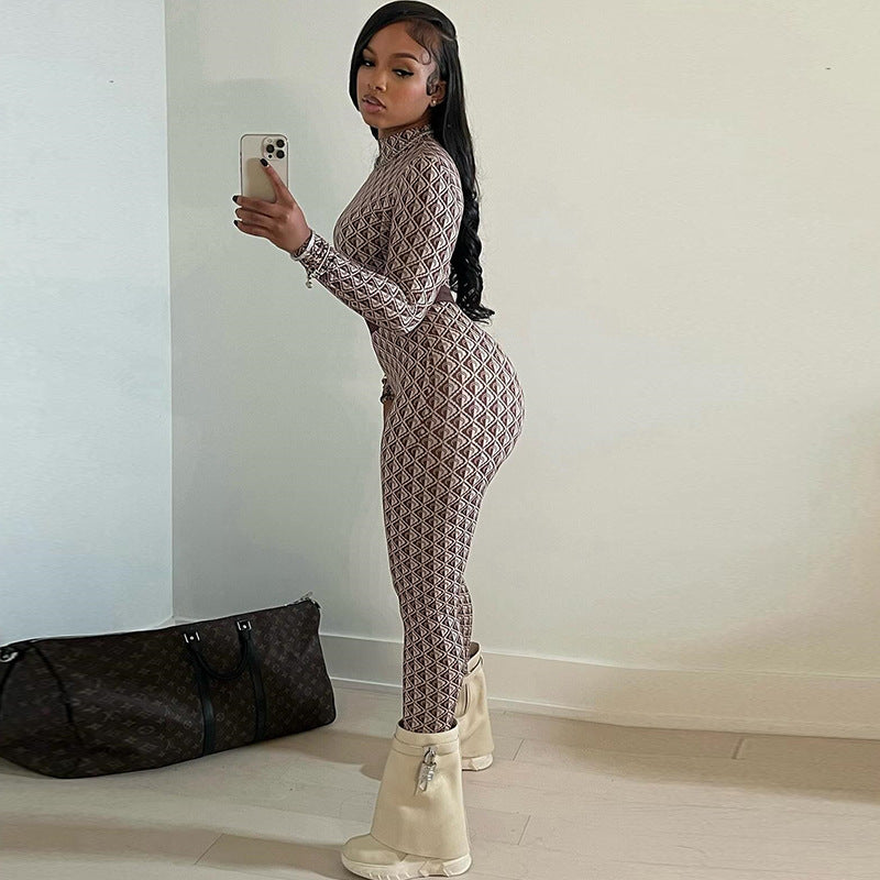 Clothing Printed Street Round Neck Long Sleeve Trousers Body Pants Fitness Jumpsuit