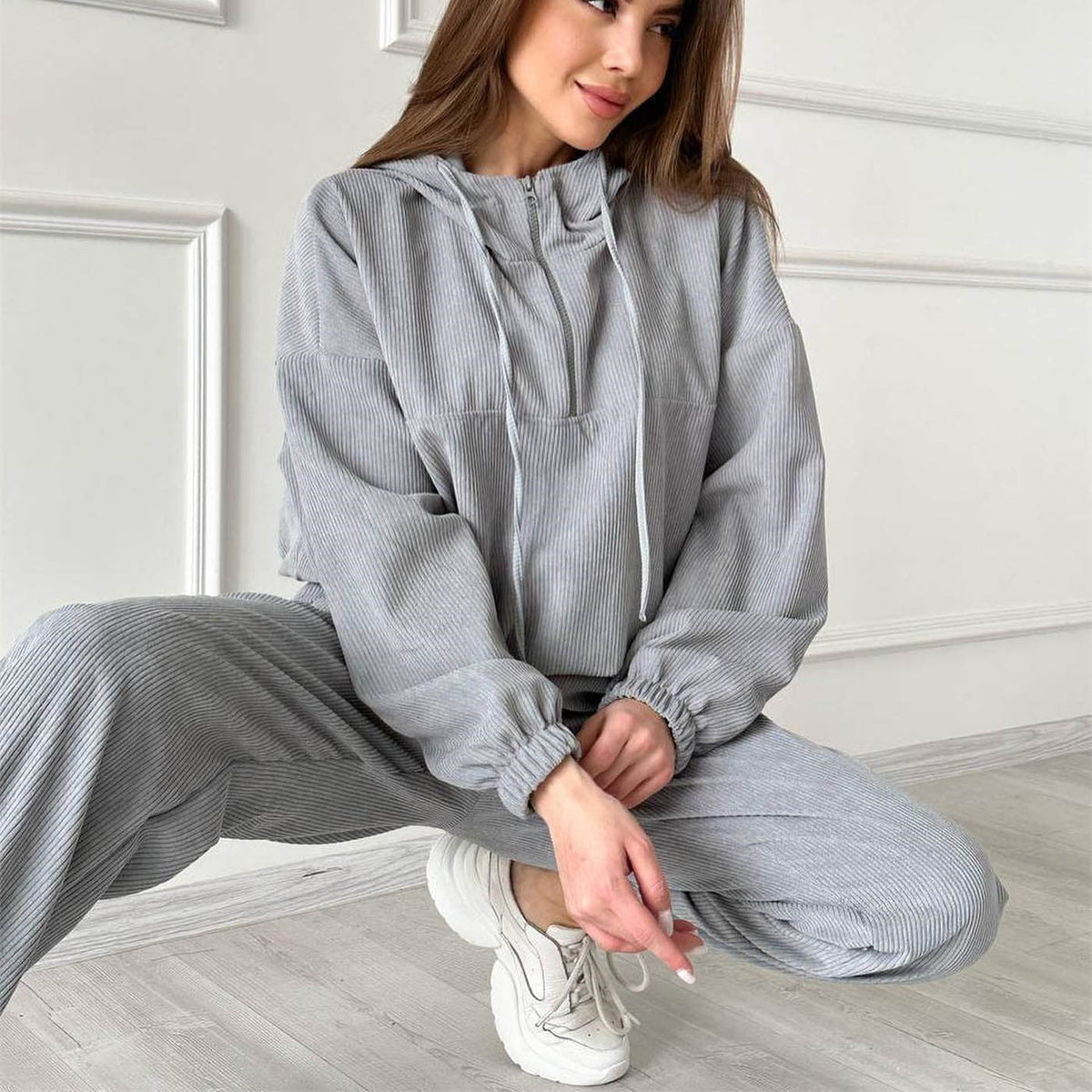 Corduroy Suit Sports Autumn Winter Zipper Hooded Sweatshirt Sweatpants Two Piece Set