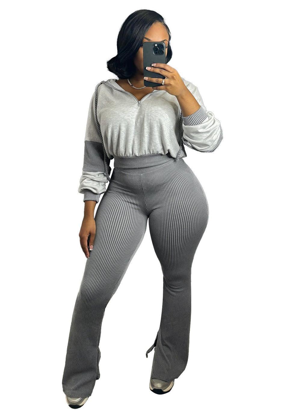 Clothing Twist Strip Sweater Stitching Hooded Bell Bottom Pants Two Piece Sets
