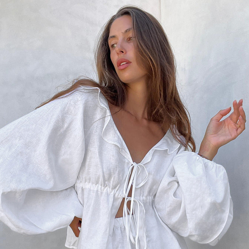 Cotton Linen White Lantern Sleeve V Neck Top Shorts Summer Clothing Two Piece Set
