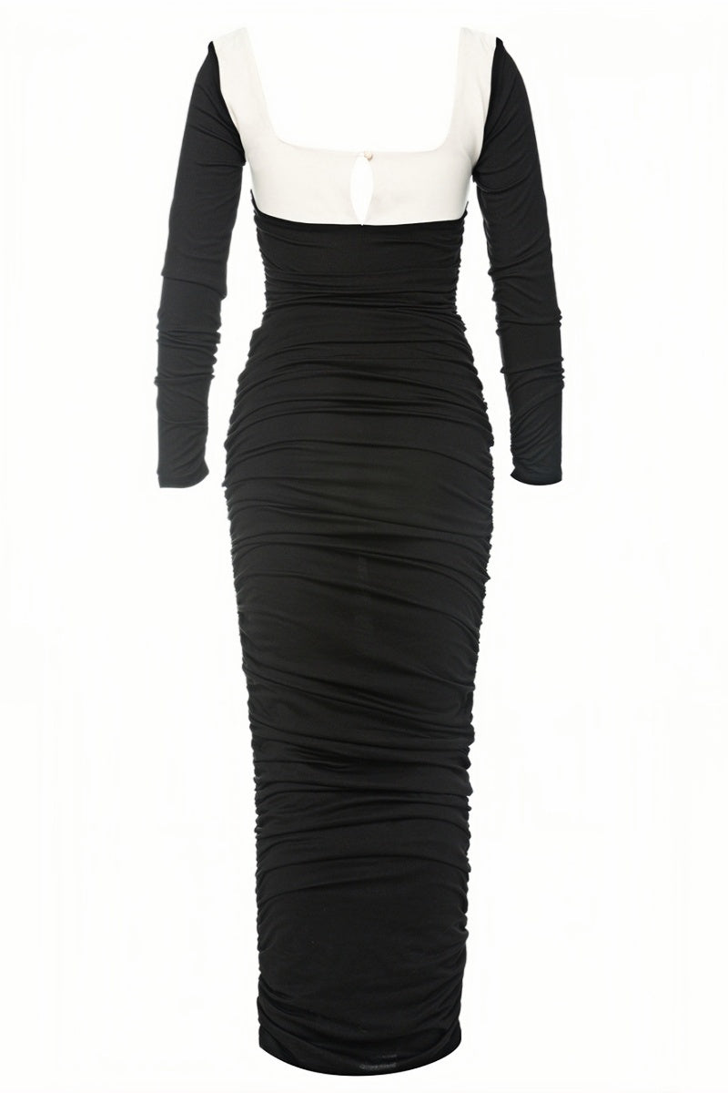 Lolic Long Sleeve Square Collar Ruched Hem Knit Maxi Dress