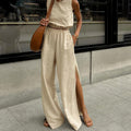 Cotton Linen Sleeveless Vest Split Wide Leg Pants Suit Spring Summer Two Piece Suit