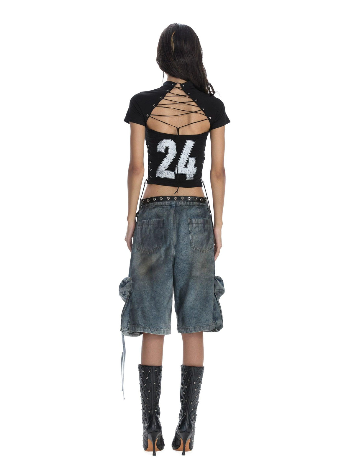 24ans Lace-up Graphic Crop Top - Short Sleeve Side-tie T-shirt