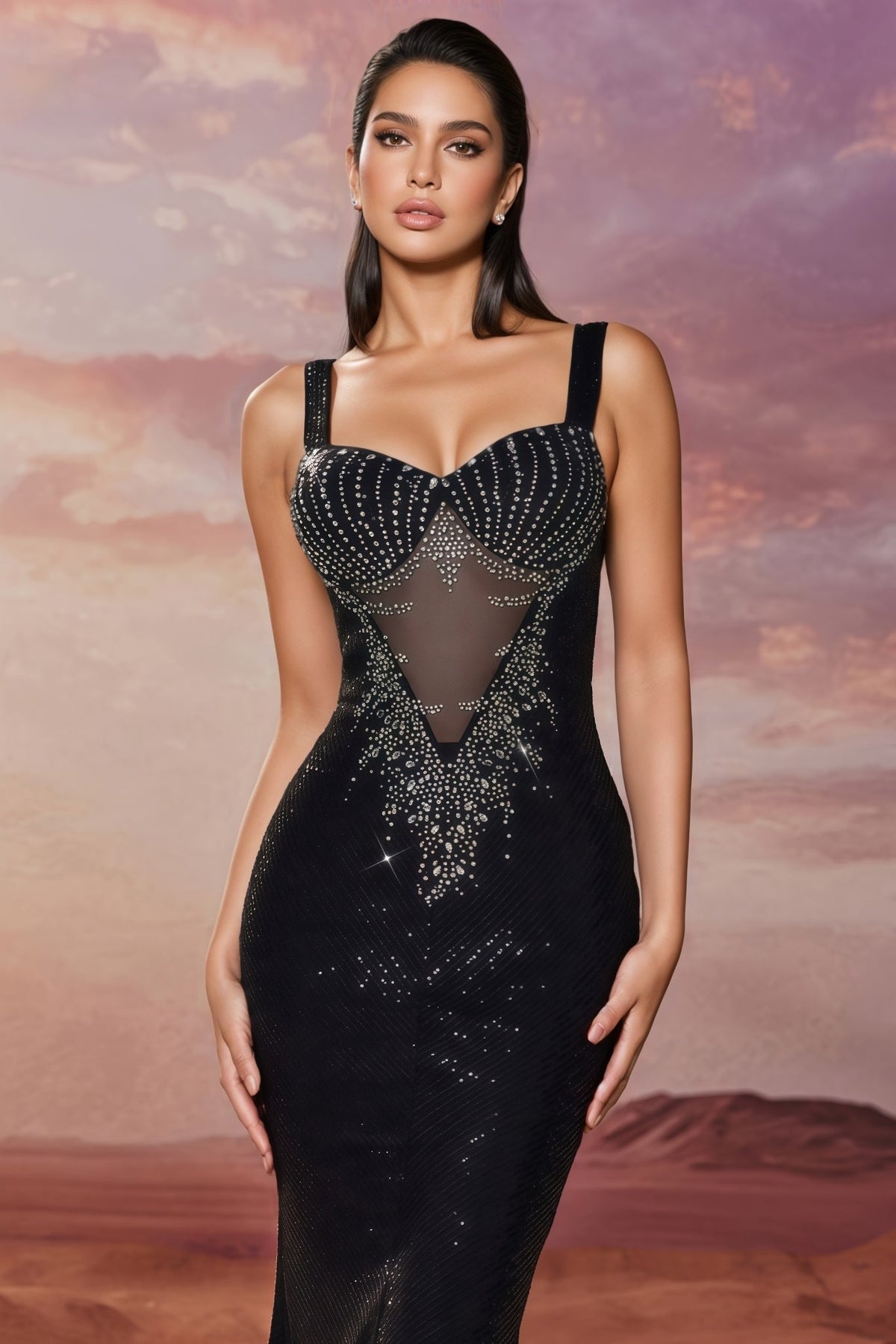 Luva Black Sequined Fishtail Maxi Dress