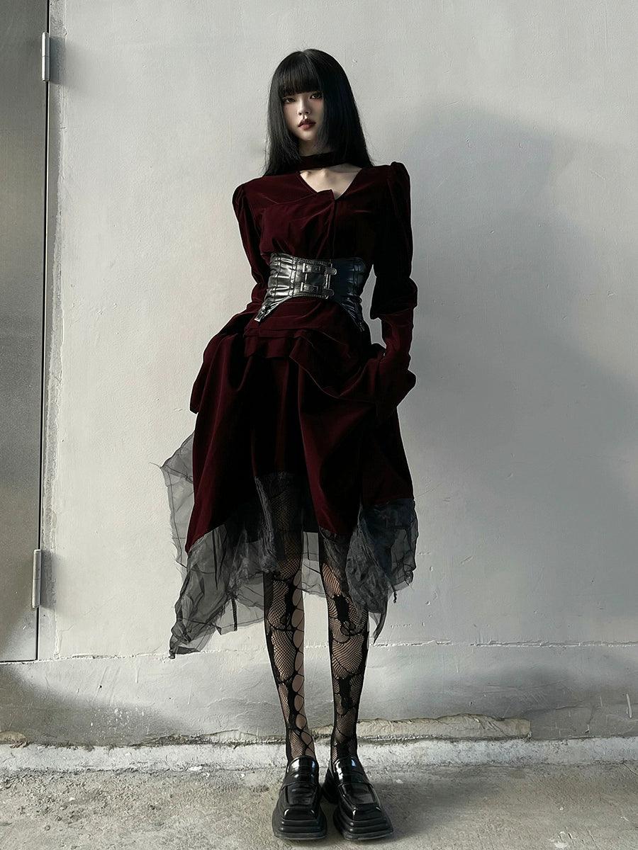 Ladyghost Gothic Victorian Maxi Dress - Burgundy Velvet and Black Mesh Layered Gown With Corset Belt