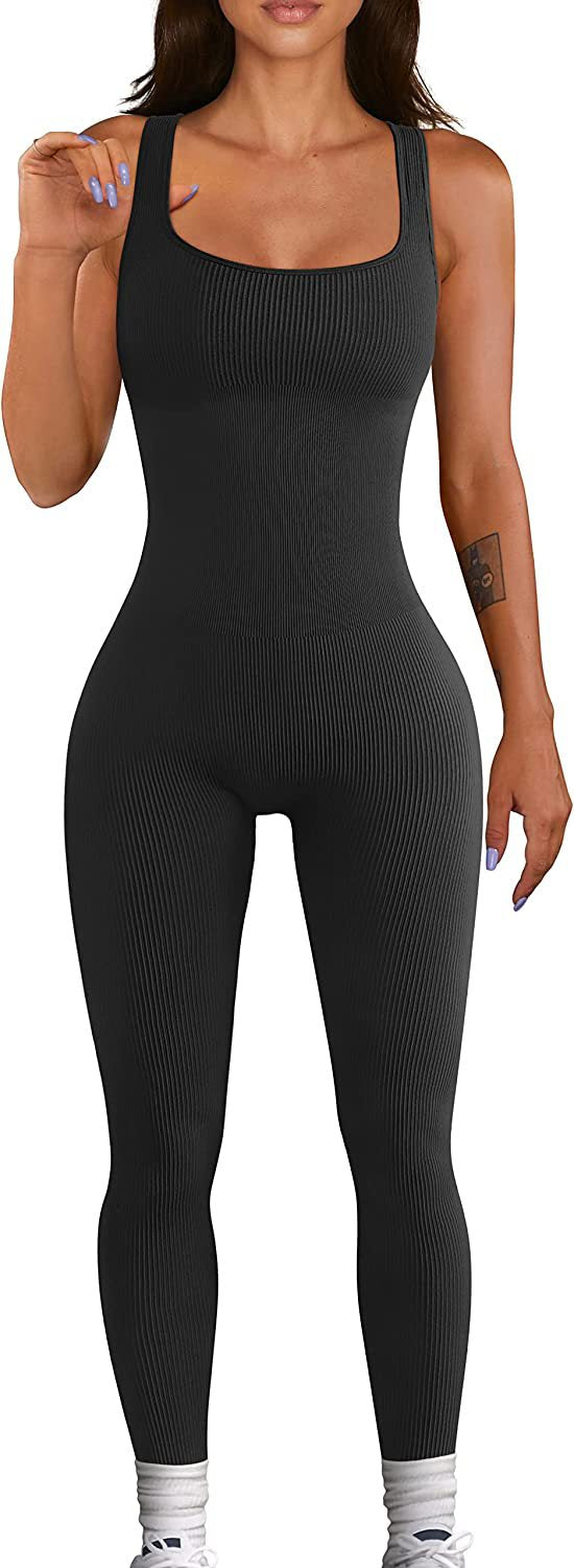Summer Yoga Jumpsuit Ribbed Square Collar Sleeveless Sports Jumpsuit Trousers