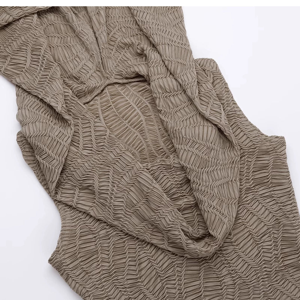 Wannathis Avant-garde Hooded Maxi Dress - Taupe Cold Shoulder Gown With Ruffle Detail