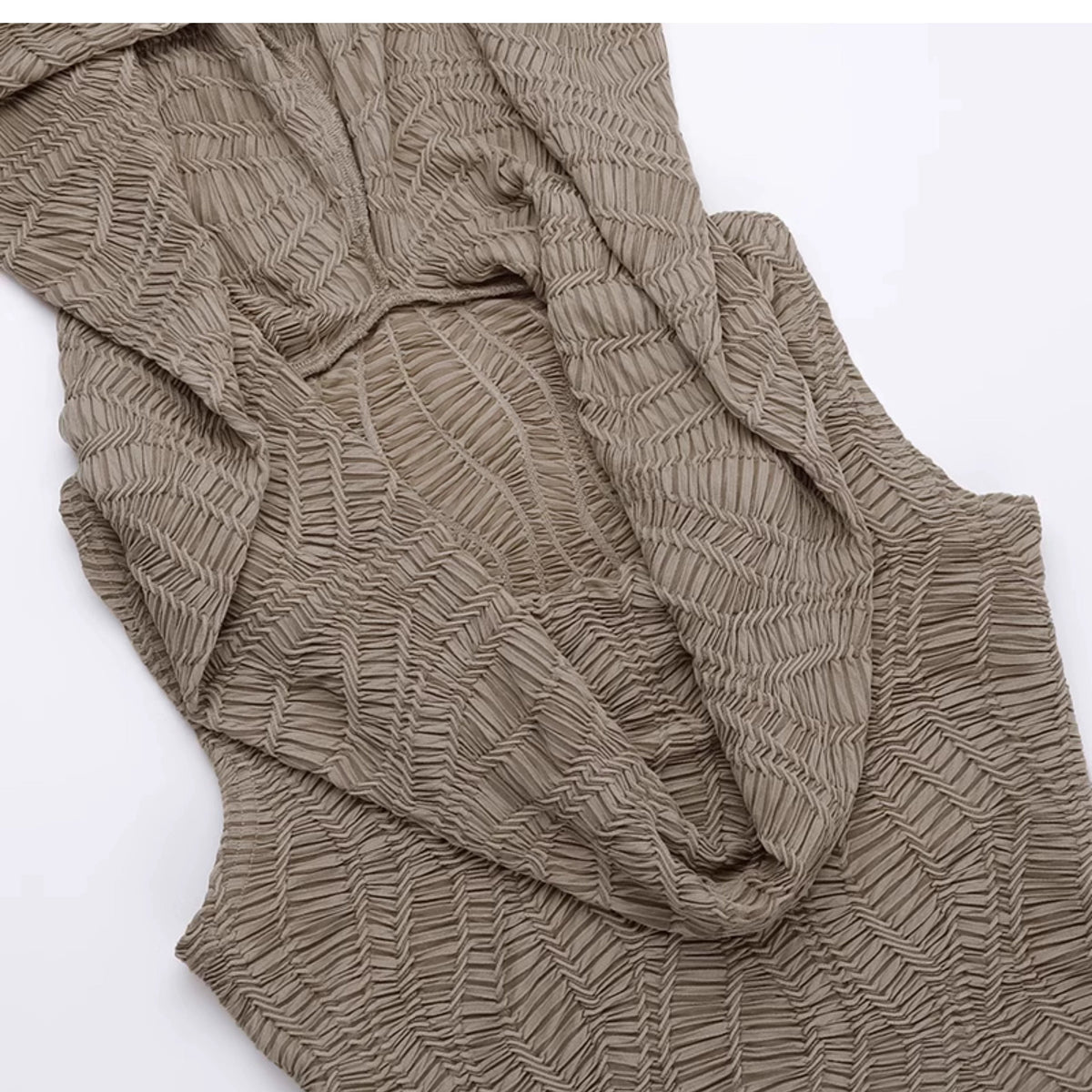 Wannathis Avant-garde Hooded Maxi Dress - Taupe Cold Shoulder Gown With Ruffle Detail