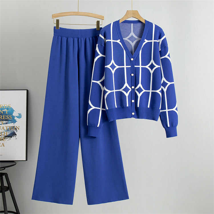 Blue - Knit Wide-leg Pants & Sweater Two Piece Set