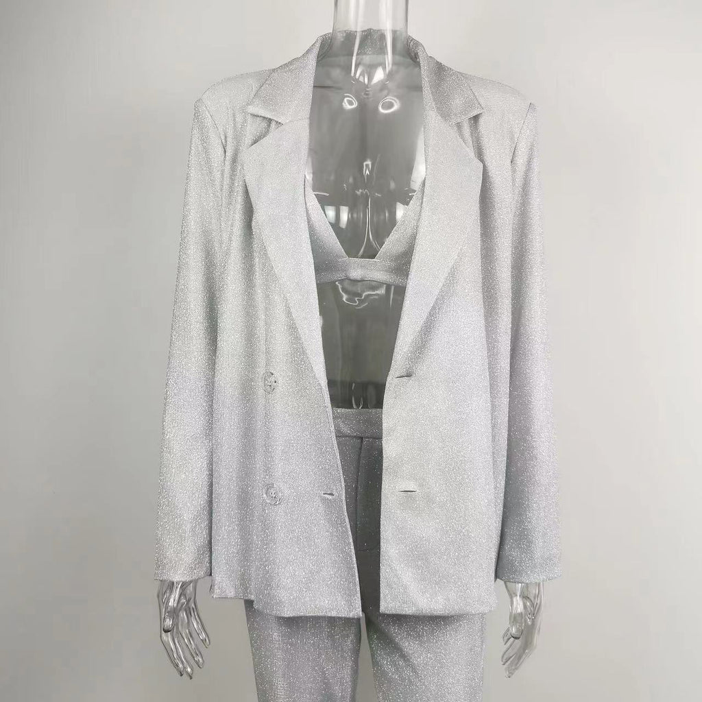 Spring Summer Shiny Blazer Underwear Straight-leg Pants Suit