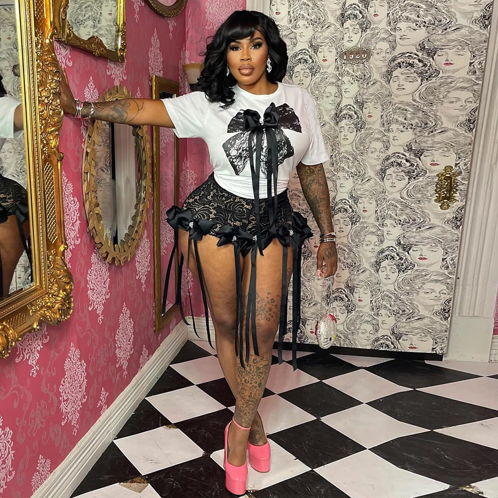 3d Butterfly Print Loose Lazy Top Lace Shorts Suit