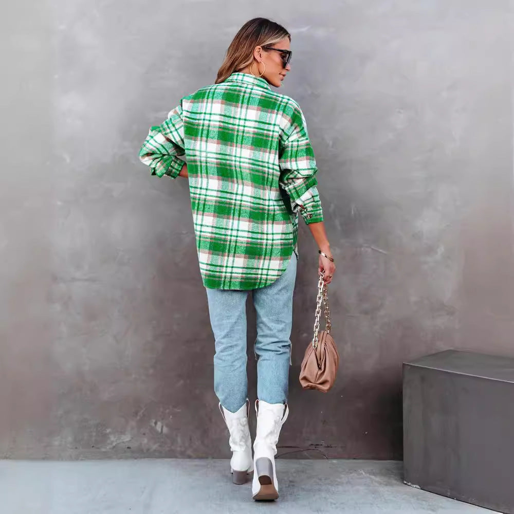 Plaid Cardigan Woolen Lapel Coat
