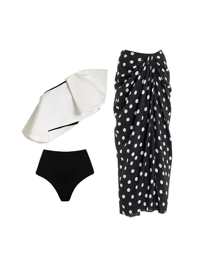 Asymmetric Ruffle Bikini Top With Shorts & Polka Dot Swimsuit Skirt Set
