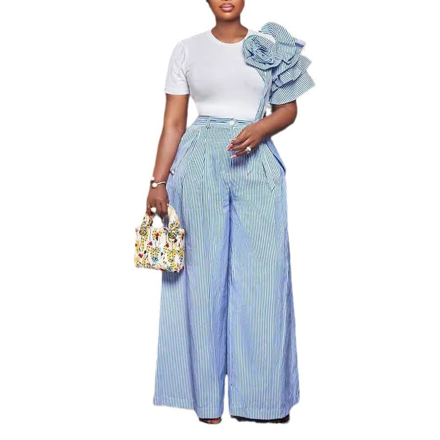 Round Neck Short Sleeve Striped Contrast Color Wide Leg Pants Two Piece Sets