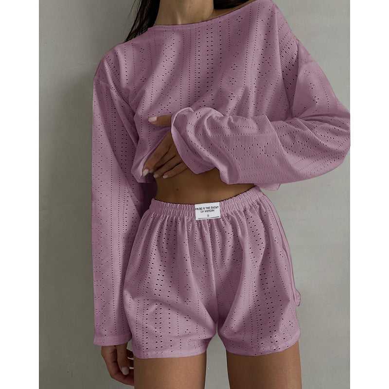 Autumn Simple Slim Fit Loose Pullover Top Shorts Set