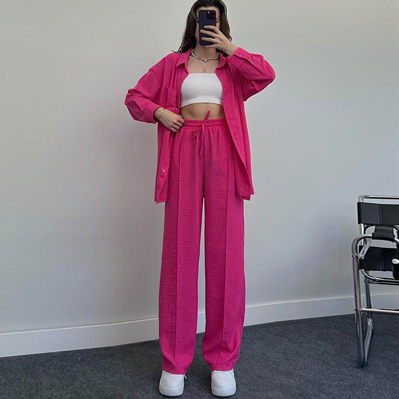 Suit Autumn Winter Long Sleeved Shirt Pleated Elastic Waist Pants Two Piece Set