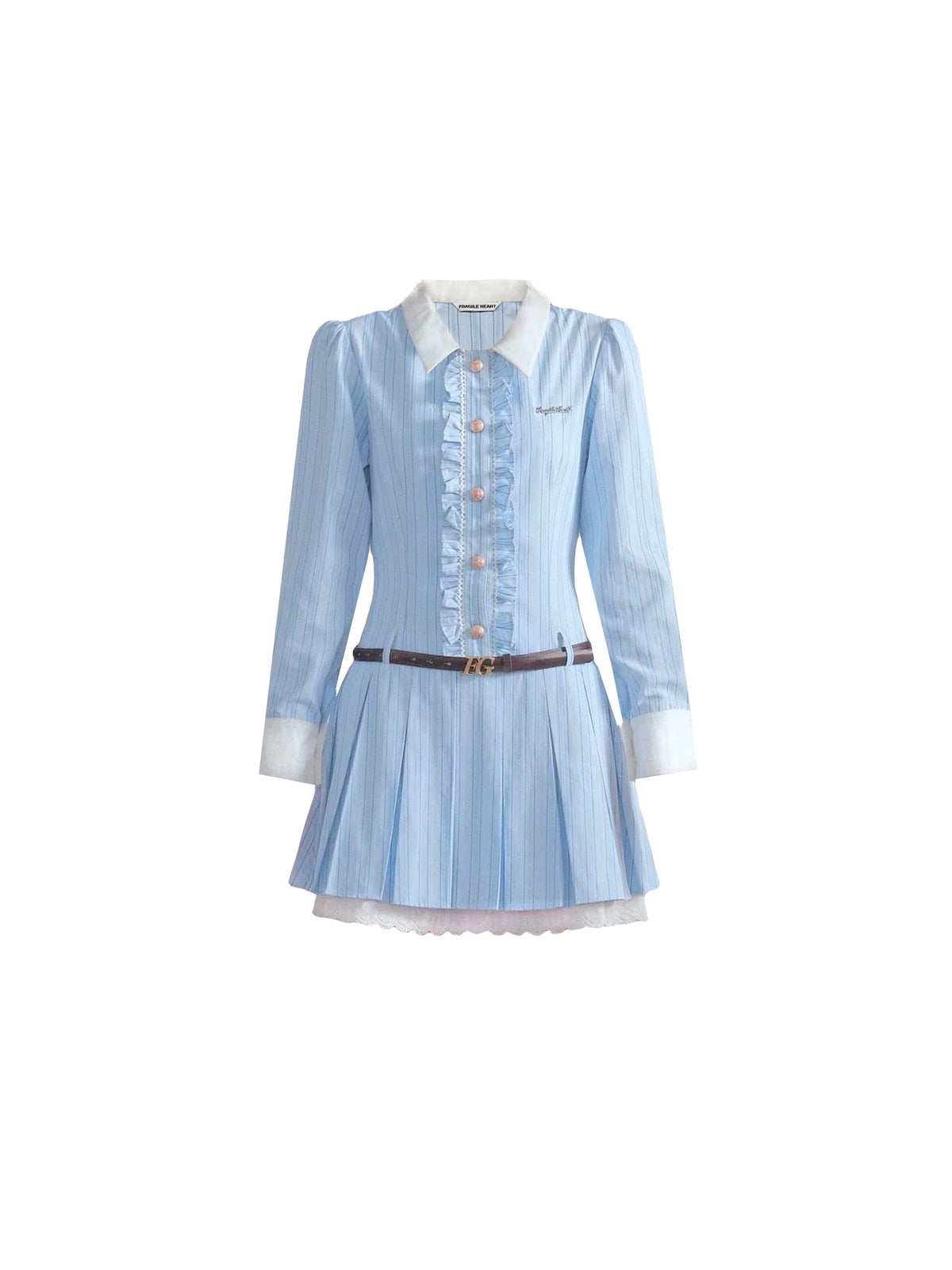 -inspired Ruffled Chambray Mini Dress With Belt