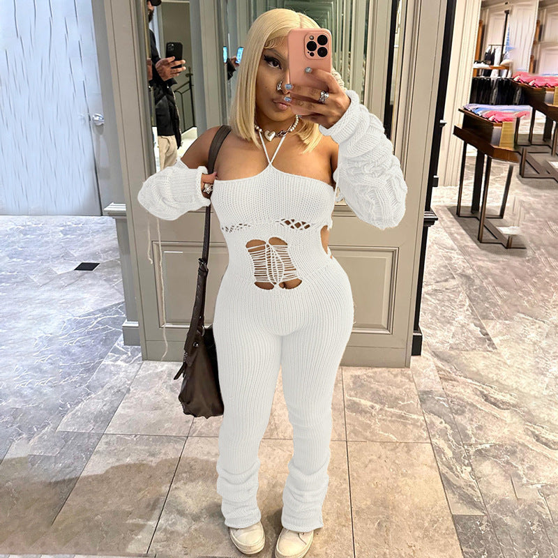 Clothing Autumn Winter Woolen Oversleeve Halter Lace Up Hollow Out Cutout Jumpsuit Pile Pants