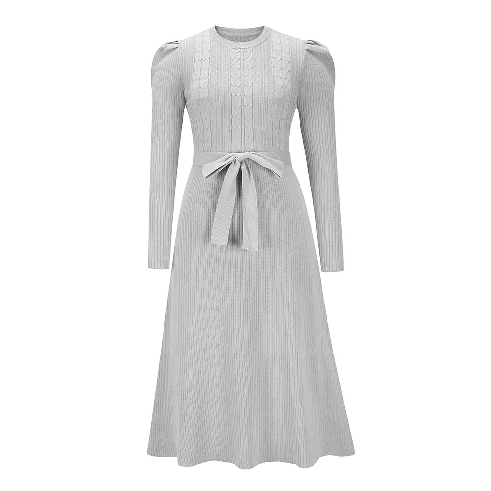 Autumn Winter Bubble Long Sleeve Knitted Dress Mid-length Slimming High Waist Big Swing Dress Base Sweater Dress