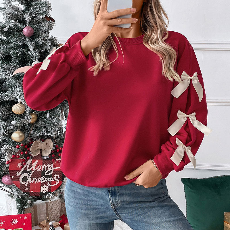 Autumn Winter Top Round Neck Bowknot Red Christmas Sweatshirt for