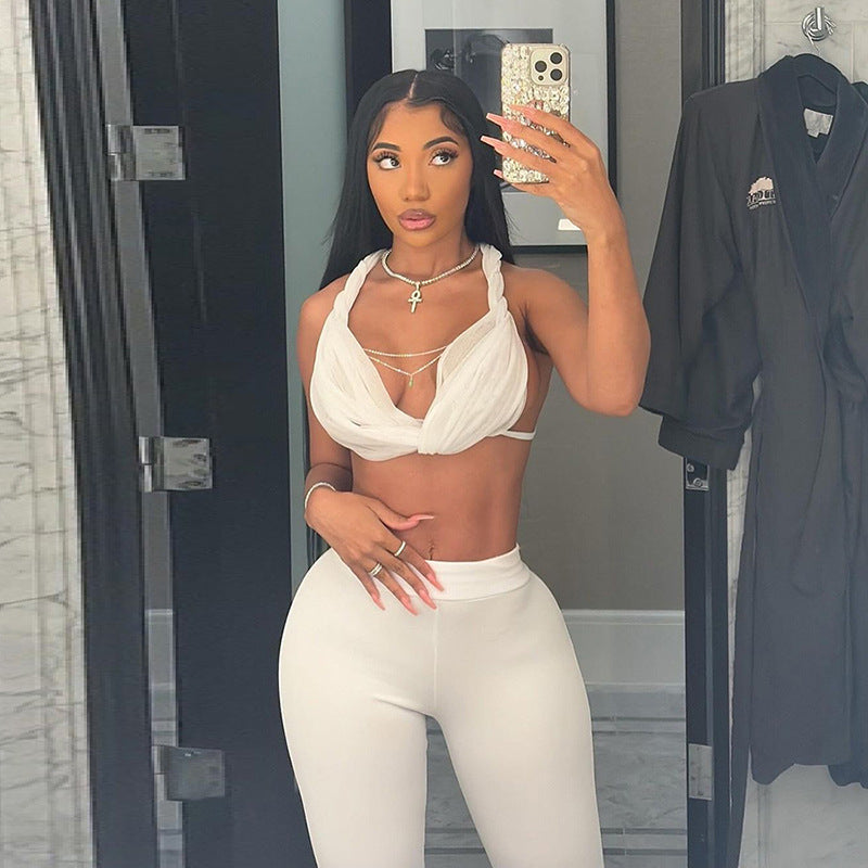 Fall Clothing Halter Bikini Backless Lace Up Cropped Pants Suit