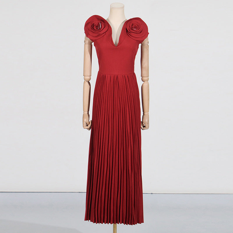 Socialite Large Formal Dress Early Spring V Neck High Waist Pleated Maxi Dress