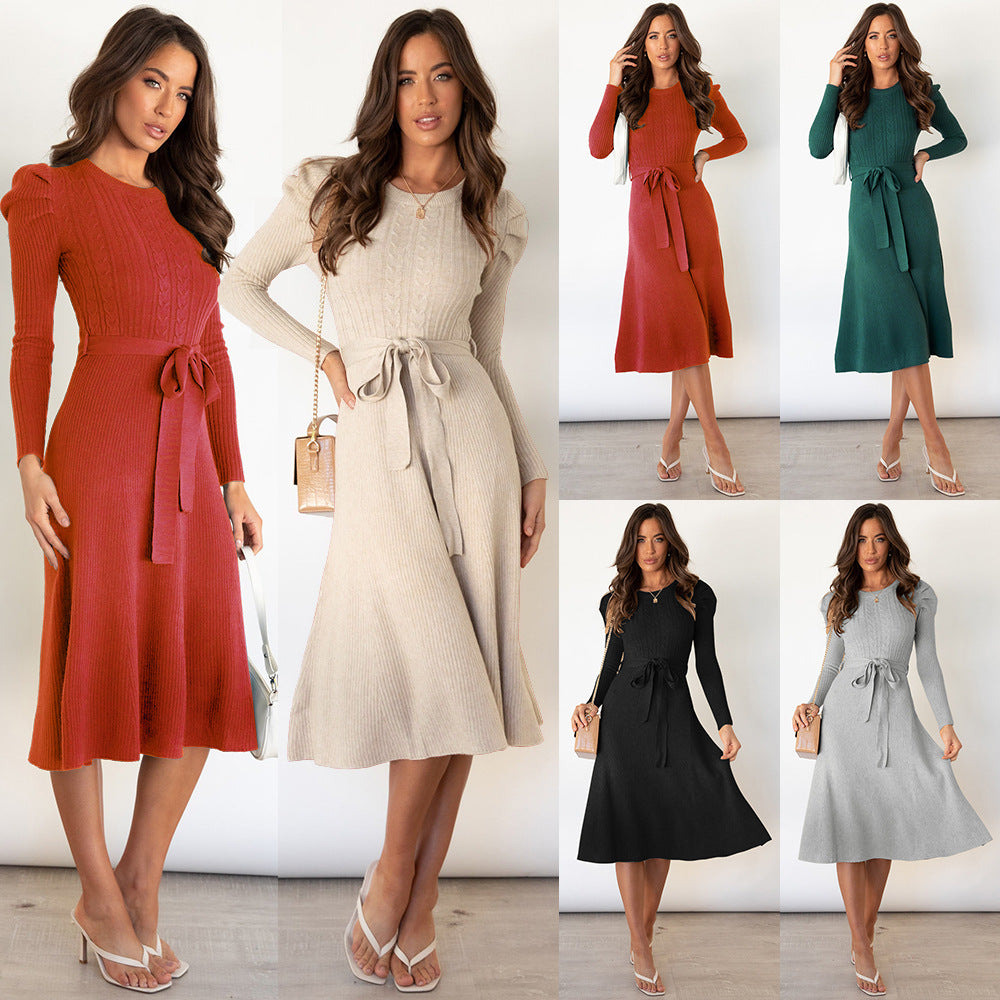 Autumn Winter Bubble Long Sleeve Knitted Dress Mid-length Slimming High Waist Big Swing Dress Base Sweater Dress