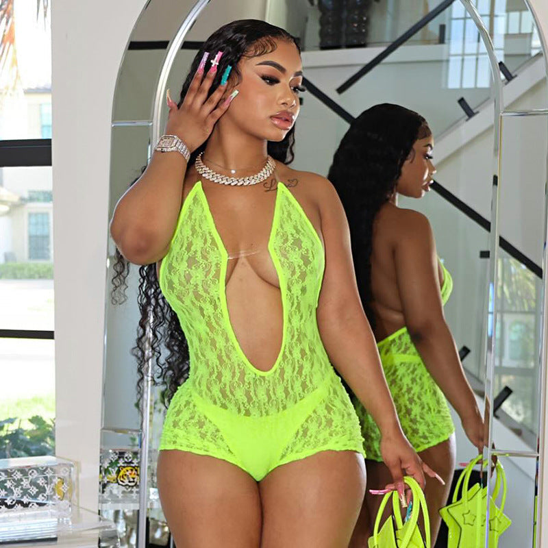 Clothing Summer Lace Hollow Out Cutout Out See Through Halter Bare Back Romper
