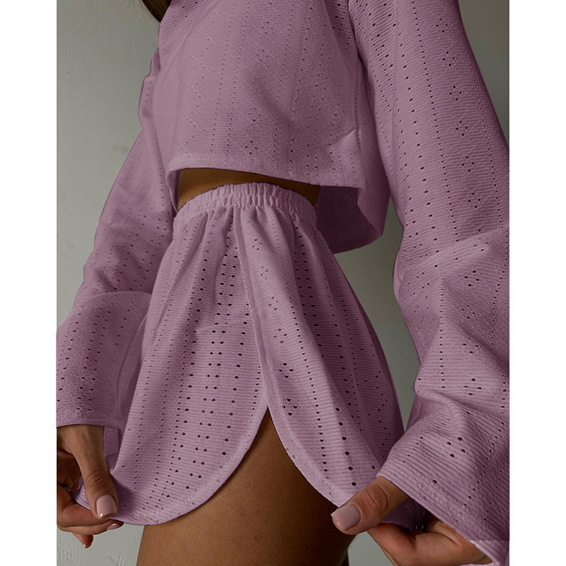Autumn Simple Slim Fit Loose Pullover Top Shorts Set